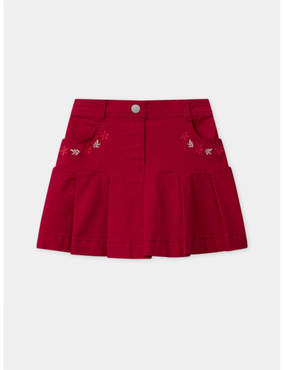 Jupe plissée rouge à poches brodées floral Fille