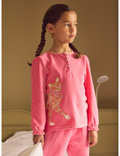 Pyjama rose en velours avec patch chat Fille