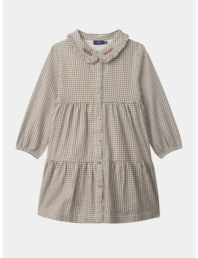 Robe vichy marron et blanc à manches longues Fille
