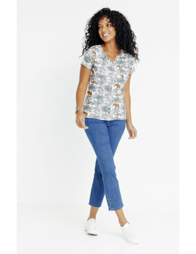 Tee-shirt col mao imprimé feuillage