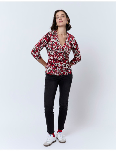Top manches 3/4 imprimé à fleurs ROUGE Femme