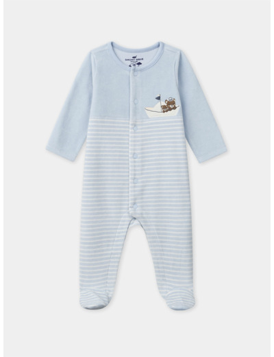 Grenouillère bleu clair uni et à rayures avec patch bateau et ours Bébé Garçon