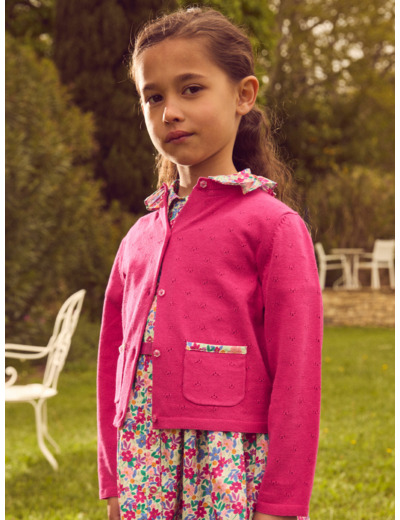 Cardigan rose fuschia à col fleuri Fille