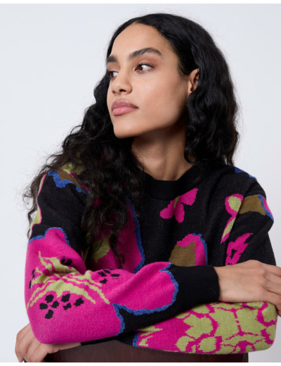 Pull épais Jacquard motif fleurs NOIR Femme