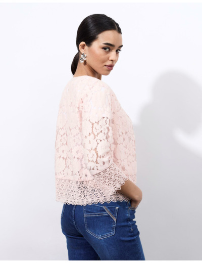 Gilet manches 3/4 en dentelle uni ROSE PALE Femme