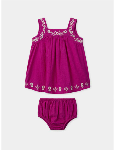 Robe et bloomer rose fuschia à broderies fleuries à bretelles Bébé Fille