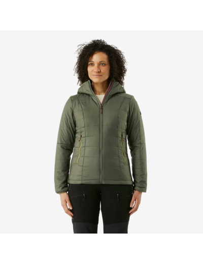 Doudoune de trek à capuche synthétique femme, MT100 khaki