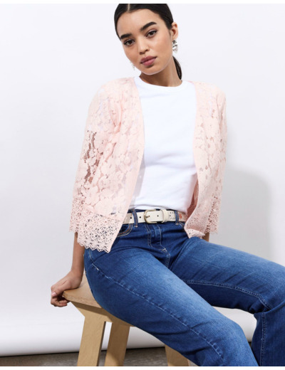Gilet manches 3/4 en dentelle uni ROSE PALE Femme