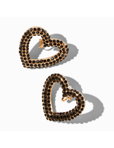 Clous d'oreilles à clip cœur de grande taille strass noirs