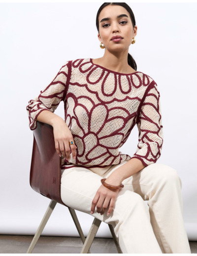 Pull fin court uni décoré BORDEAUX Femme