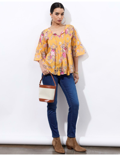 Blouse manches 3/4 imprimé à fleurs JAUNE Femme