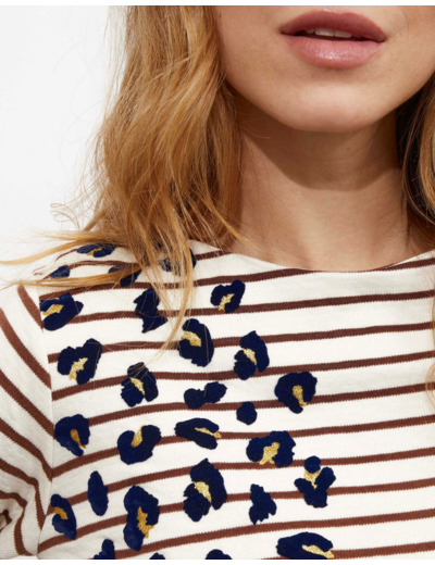 Tee-shirt marinière manches longues en mélange coton rayée MARRON Femme