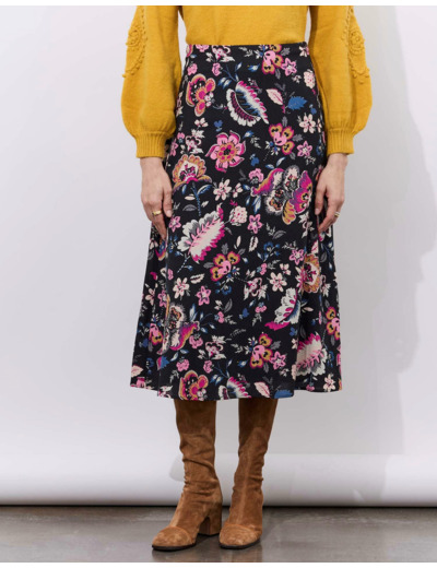 Jupe midi imprimé à fleurs NOIR