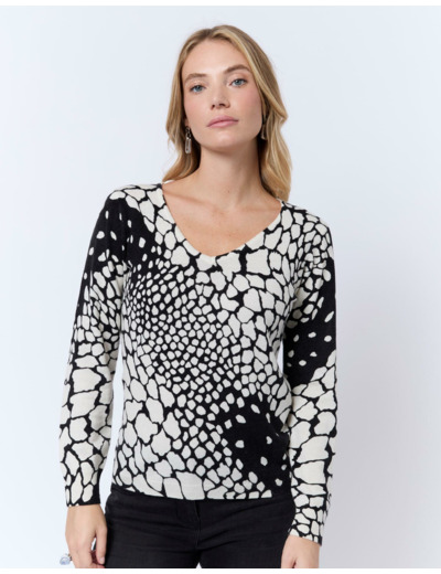 Pull fin en mélange cachemire imprimé ECRU Femme