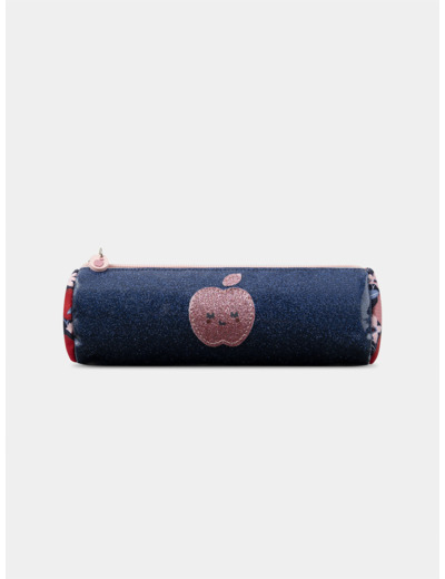 Trousse bleu marine et rose paillettés  imprimé pommes Fille