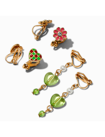 Boucles d'oreilles à clip cœur à carreaux roses - Lot de 3