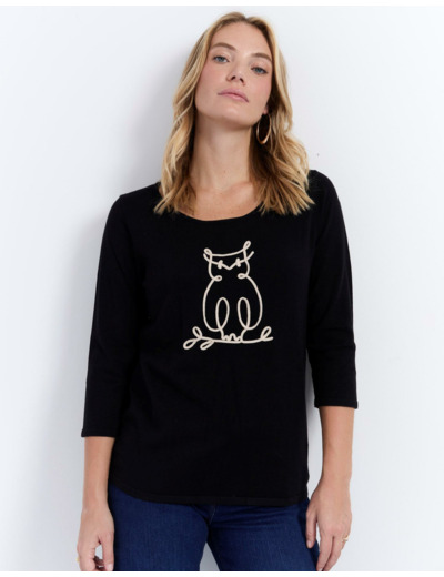 Pull fin uni décoré NOIR Femme
