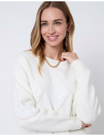 Pull épais en mélange laine uni décoré ECRU Femme