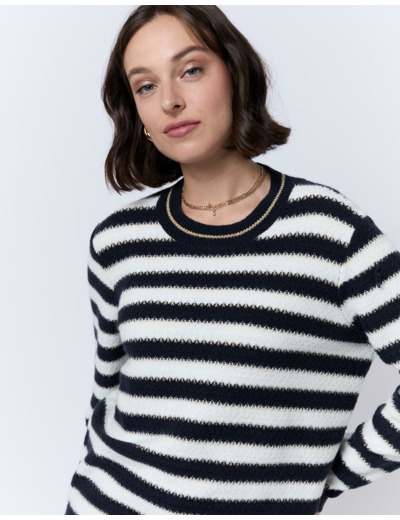 Pull épais en mélange laine rayé MARINE Femme
