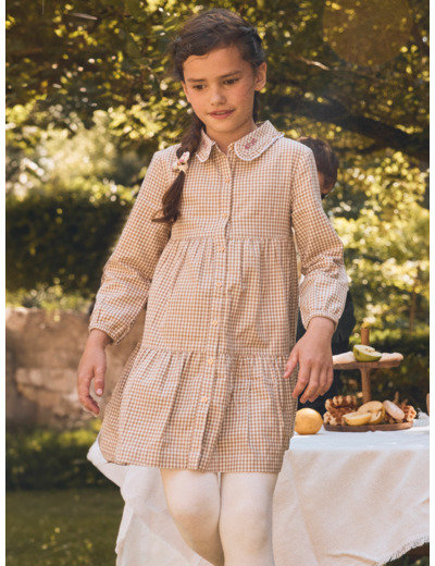 Robe vichy marron et blanc à manches longues Fille