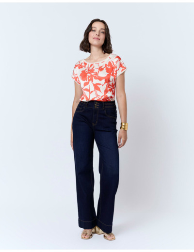 Top manches courtes bi-matière imprimé à fleurs ORANGE Femme