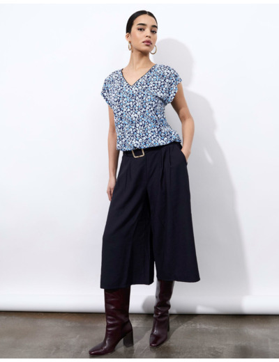 Top manches courtes imprimé à fleurs BLEU Femme