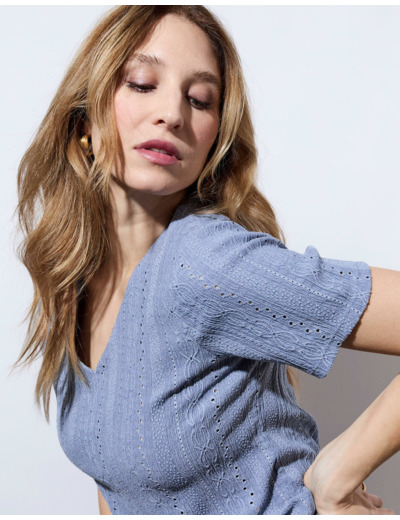 Top manches courtes uni BLEU Femme