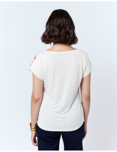 Top manches courtes bi-matière imprimé à fleurs ORANGE Femme
