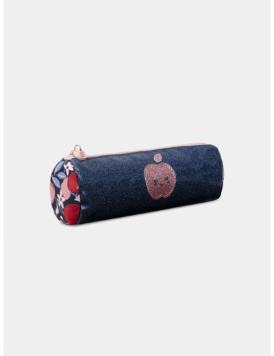 Trousse bleu marine et rose paillettés  imprimé pommes Fille