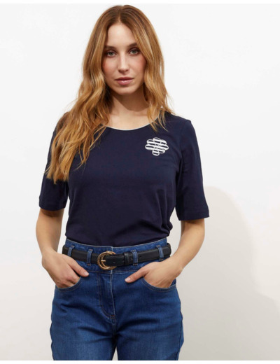 T-Shirt manches coude uni décoré MARINE Femme