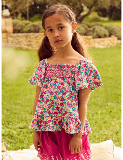 Blouse imprimé fleuri à smock et manches volantes Fille