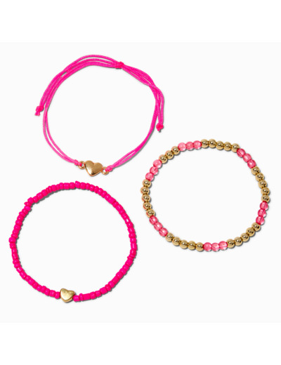 Bracelets en perles de rocaille rose vif cœur - Lot de 3