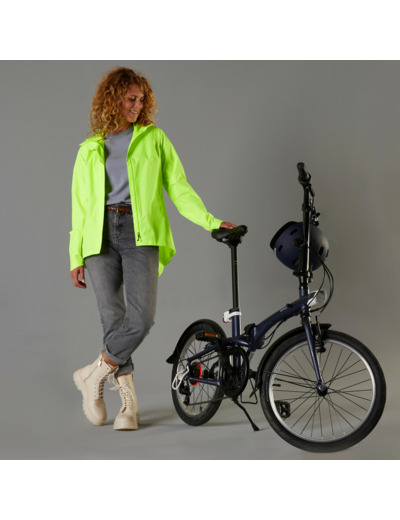 VESTE PLUIE VELO VILLE FEMME 120 JAUNE FLUO CERTIFIÉE EPI VISIBILITÉ JOUR