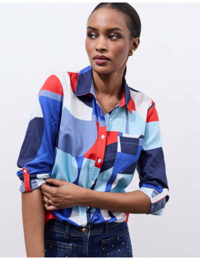 Chemisier manches longues imprimé BLEU Femme