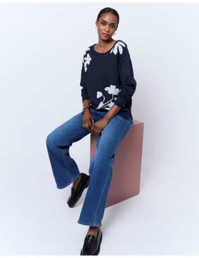 Pull épais en mélange coton bicolore MARINE Femme