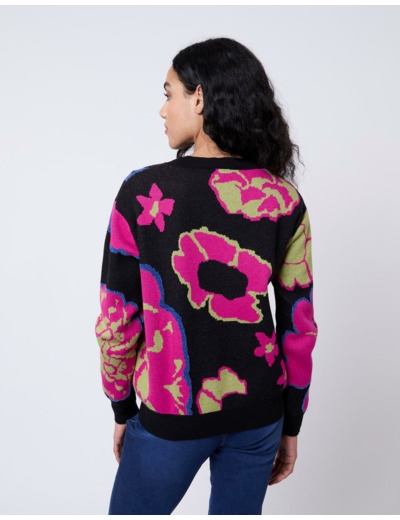 Pull épais Jacquard motif fleurs NOIR Femme