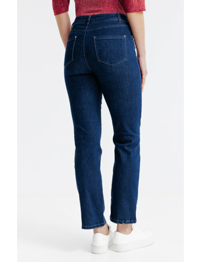 Pantacourt denim, détail strass fleur