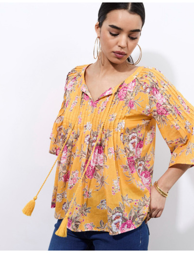 Blouse manches 3/4 imprimé à fleurs JAUNE Femme