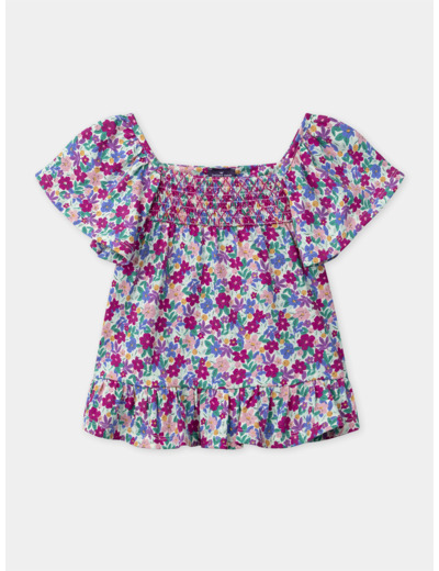 Blouse imprimé fleuri à smock et manches volantes Fille