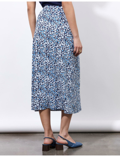 Jupe midi évasée imprimé à fleurs BLEU