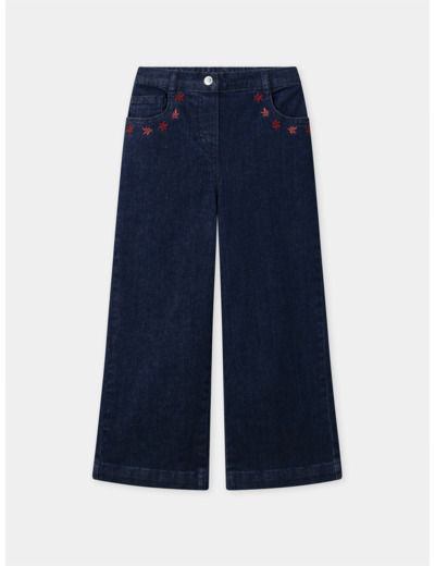Jean wide leg bleu foncé à poches brodées floral Fille