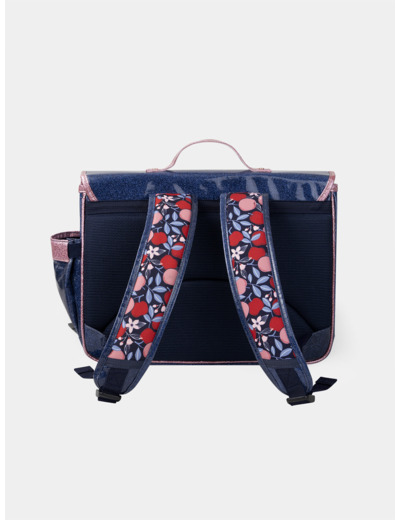 Cartable bleu marine et rose paillettés à imprimé pomme Fille