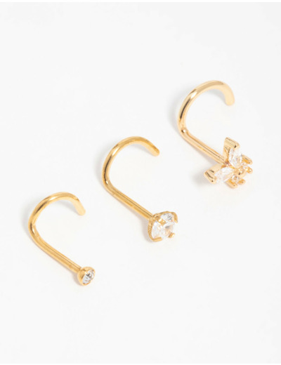 Gold Plated Surgical Steel Cubic Zirconia Butterfly Nose Piercings 3-Pack