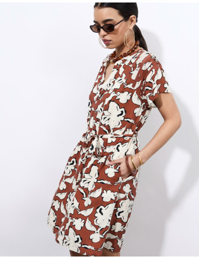 Robe courte imprimé à fleurs MARRON