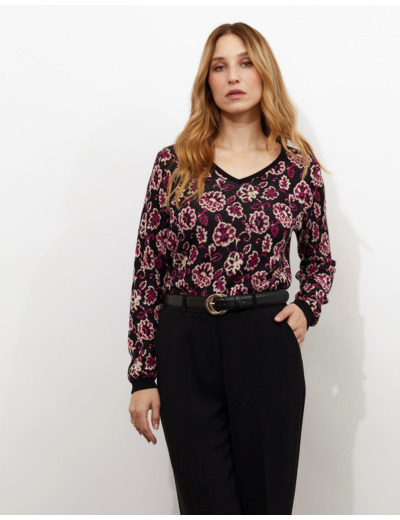 Pull fin Jacquard motif fleurs NOIR Femme