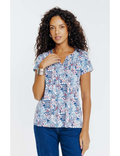 Tee-shirt imprimé patch col mao et plis