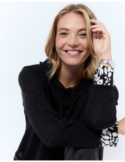 Top manches longues uni décoré NOIR Femme