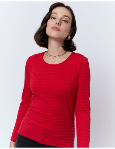 T-Shirt manches longues en mélange coton uni ROUGE Femme