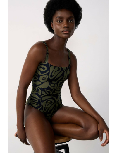 Maillot de bain 1 pièce gainant encolure carrée à motif