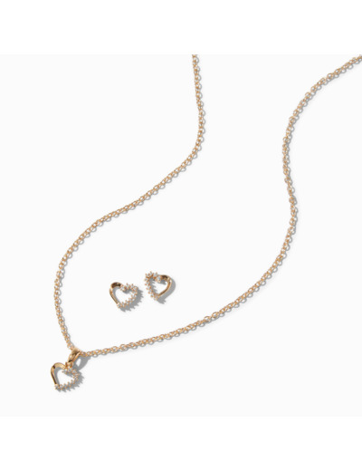 Lot clous d'oreilles et collier à pendentif cœur en zircon cubique couleur dorée